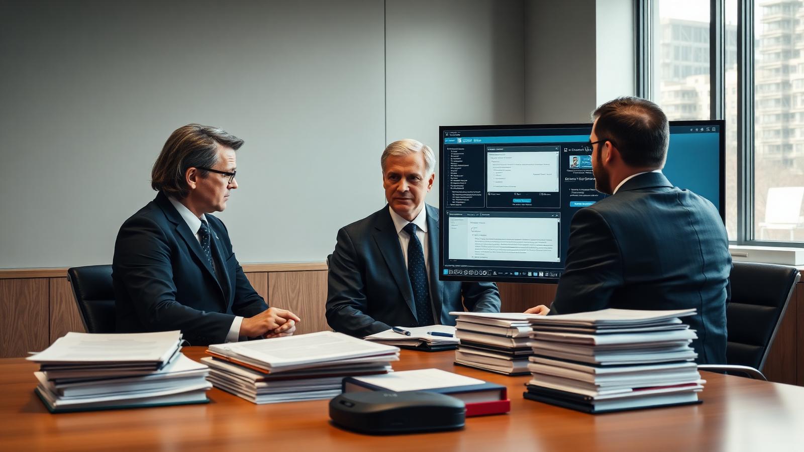 Illustrative image: public-sector officials reviewing a secure AI document search, summarization and drafting assistant on large monitors beside stacks of printed documents.