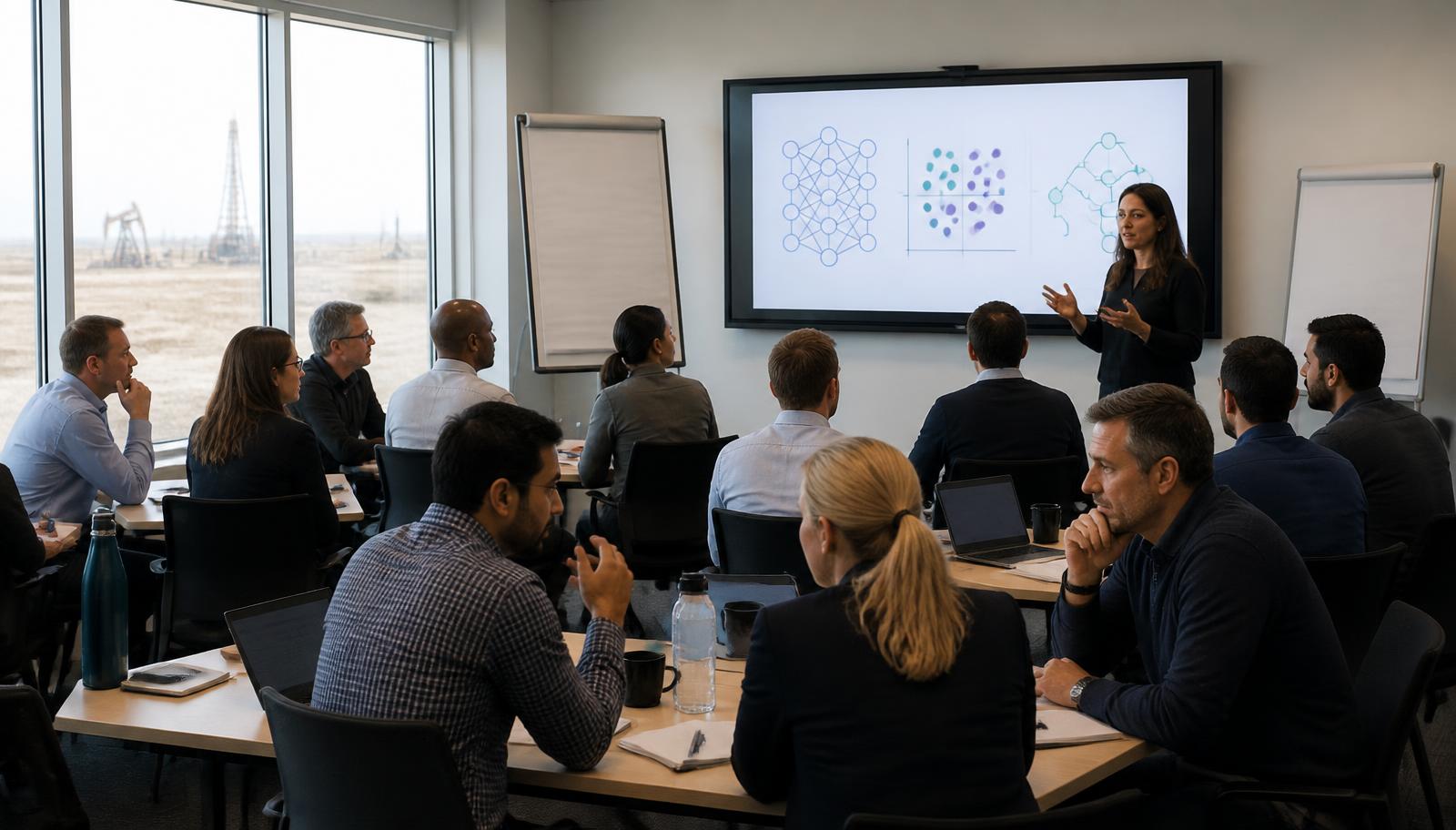 Illustrative image: a facilitator leading an enterprise AI training workshop, with participants discussing use cases in small groups around meeting tables.