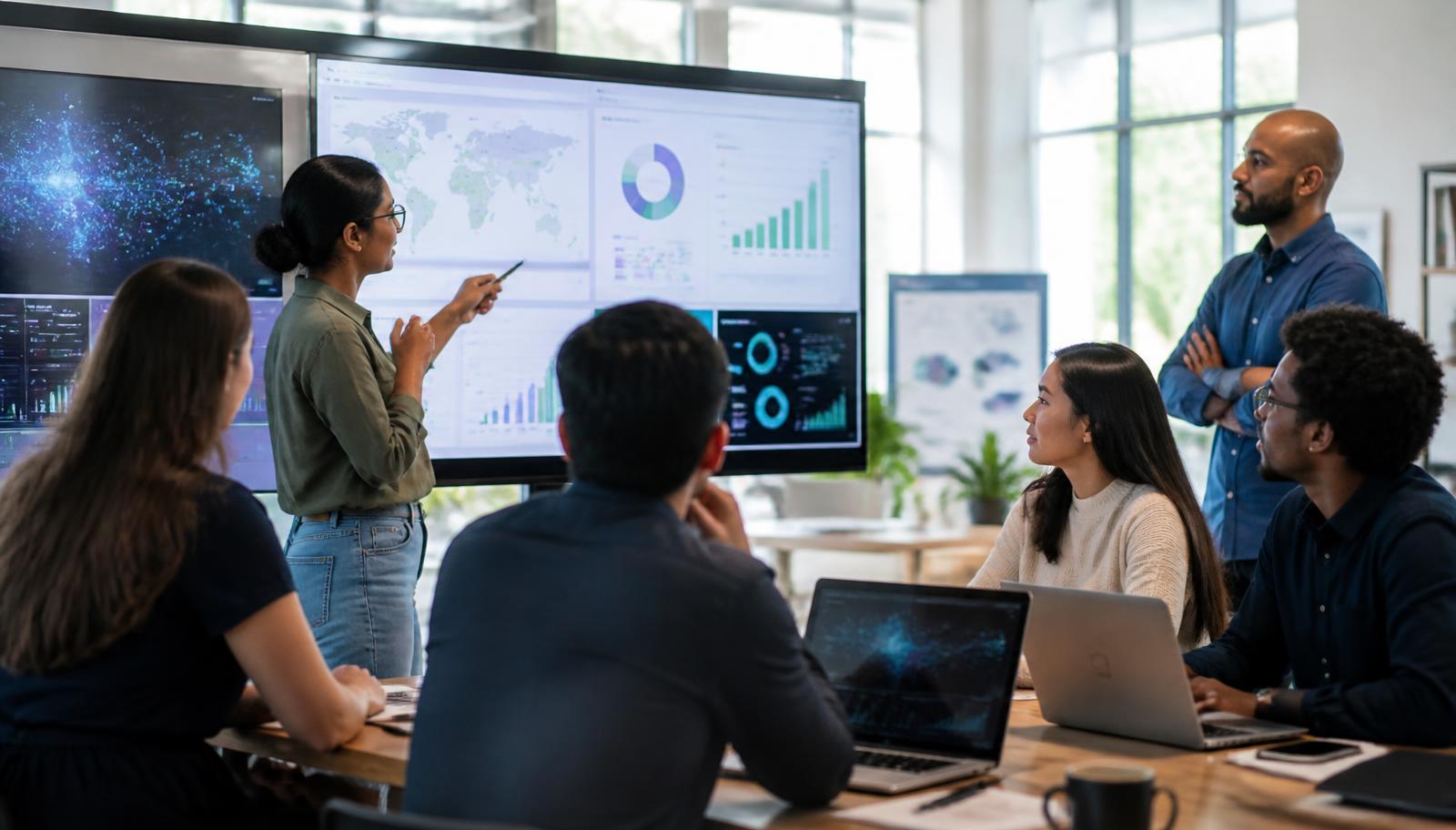 Illustrative image: foundation and NGO teams working with young technologists in a modern innovation lab, reviewing impact analytics dashboards on large screens.