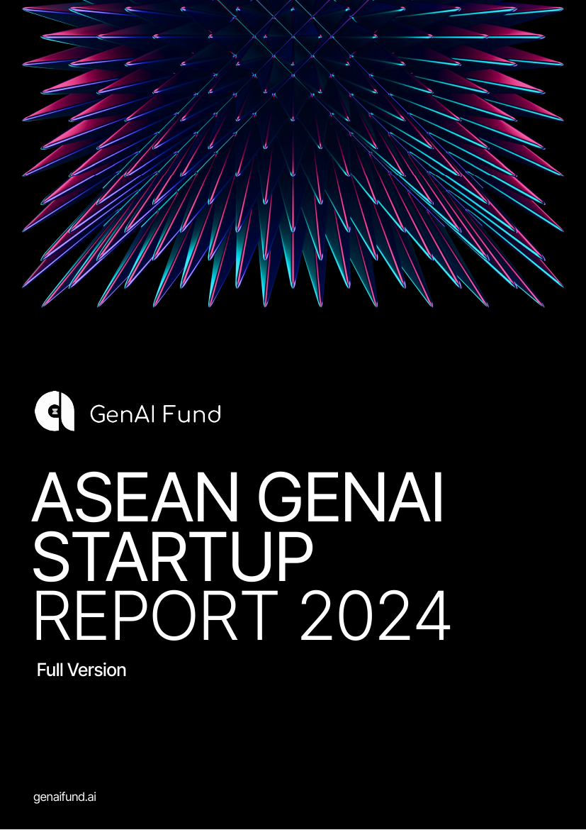 Cover of the ASEAN GenAI Startup Report 2024 by GenAI Fund, with a dark magenta and cyan burst graphic above the report title.