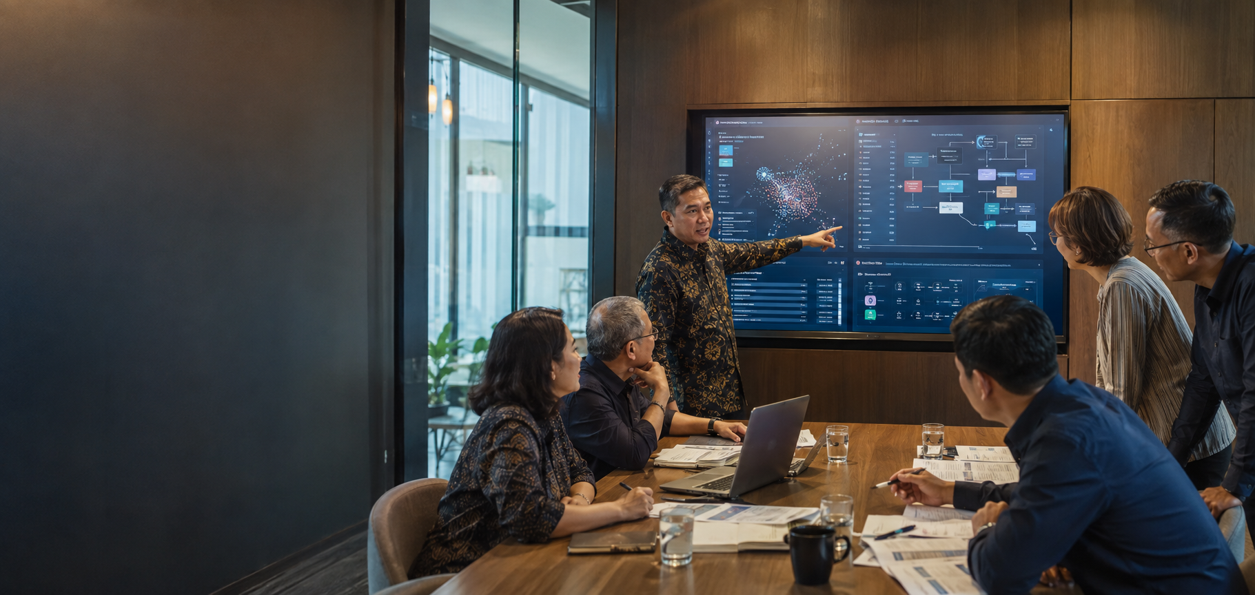 Executives and technology specialists in a boardroom reviewing an AI opportunity map and workflow architecture on a large screen during an innovation briefing.