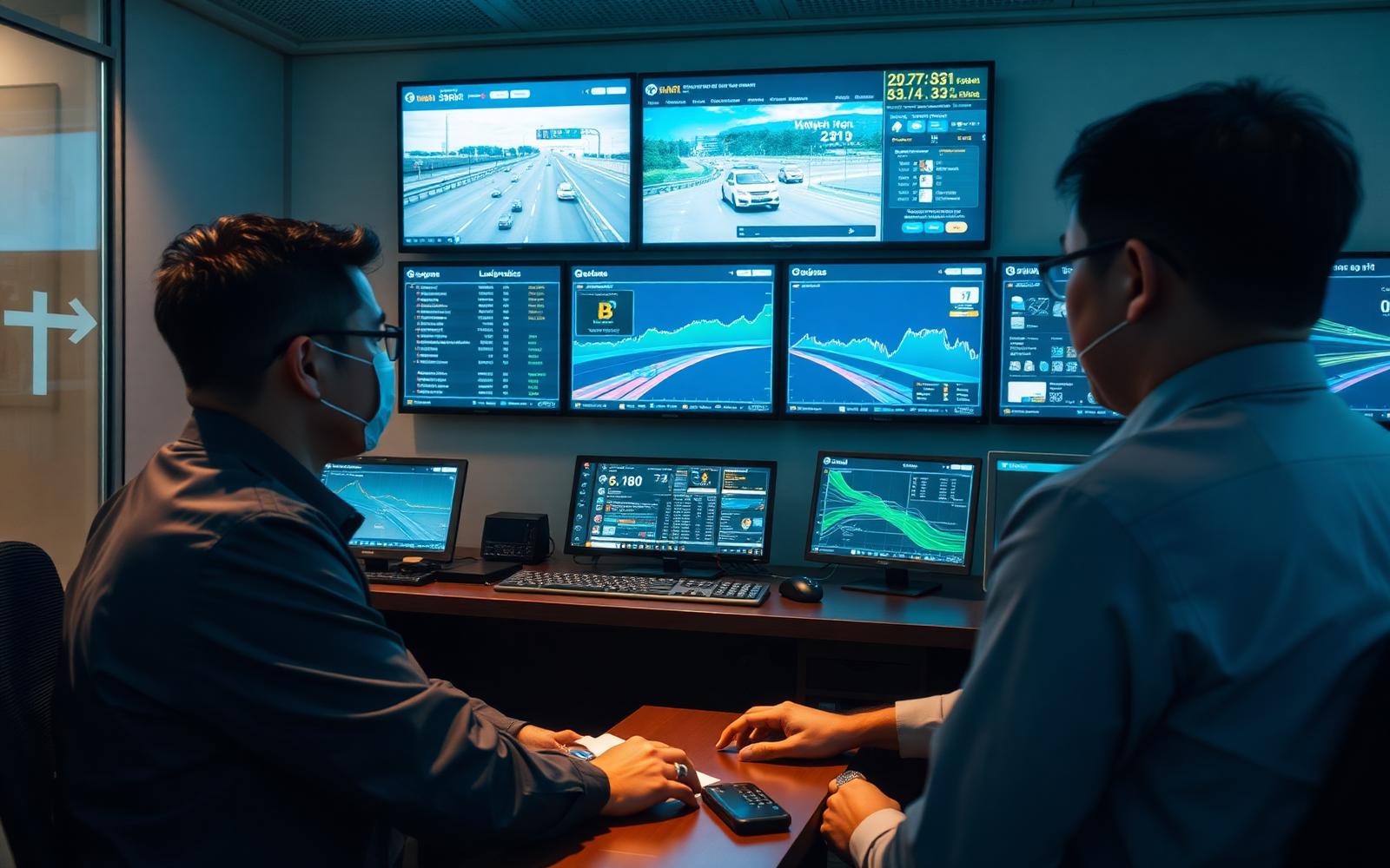 Illustrative image: an enterprise mobility operations room where engineers review traffic-flow analytics and a Vietnamese voice AI assistant interface on large screens.