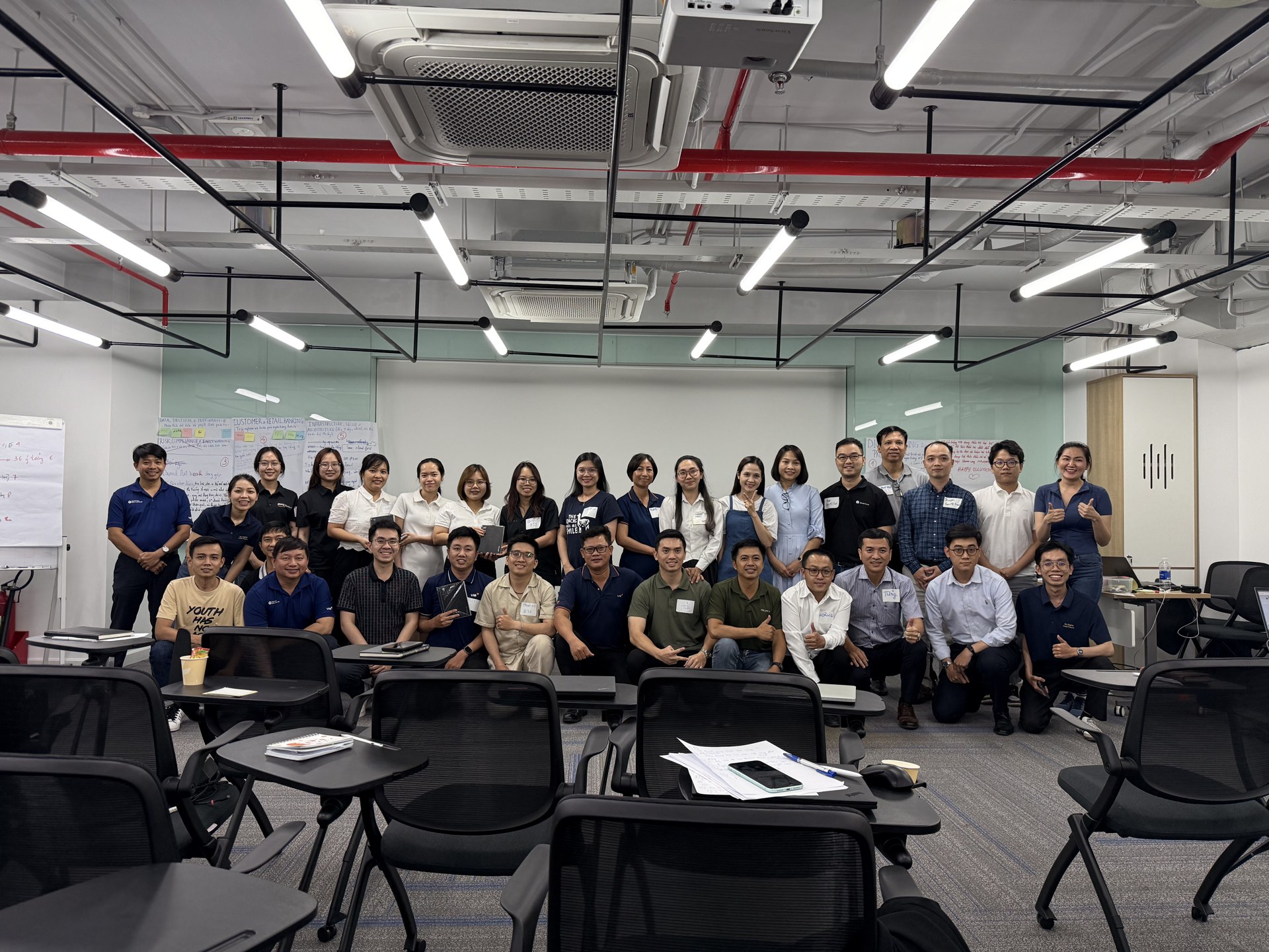 VIB Working Backwards Workshop: bank teams gathered in front of whiteboards covered with prioritized customer, data and risk themes after a full-day working-backwards session.