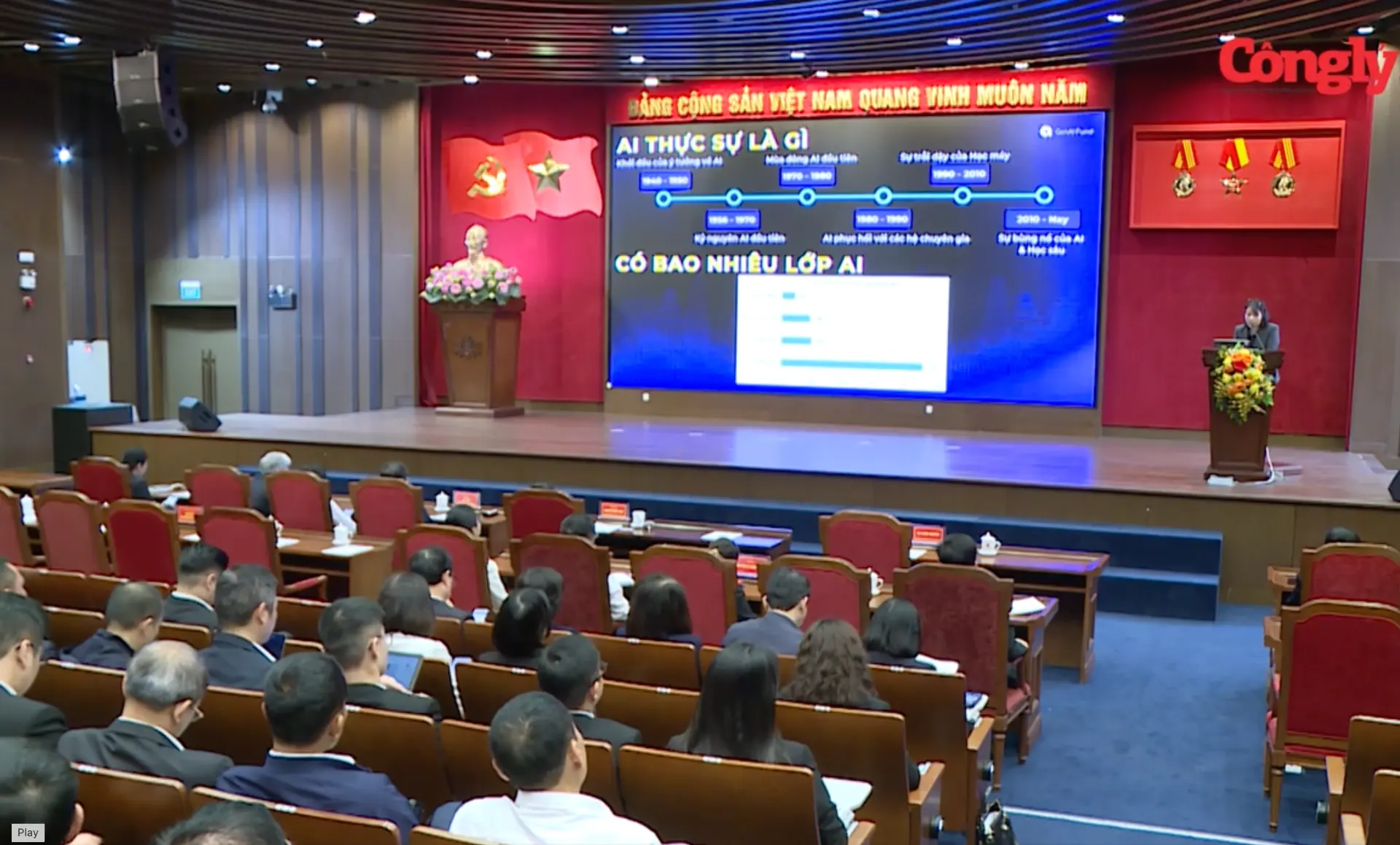 AI training session for national public institutions: a speaker presenting an 'AI thực sự là gì' timeline slide on a large stage screen to an auditorium of officials.