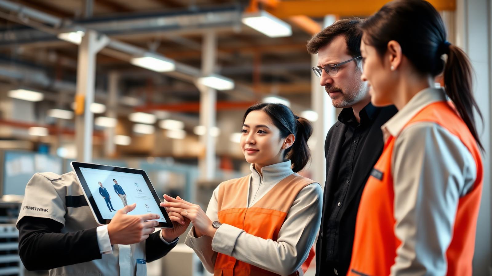 Illustrative image: a new frontline employee following an interactive AI training assistant on a tablet while a supervisor guides them through an onboarding task.