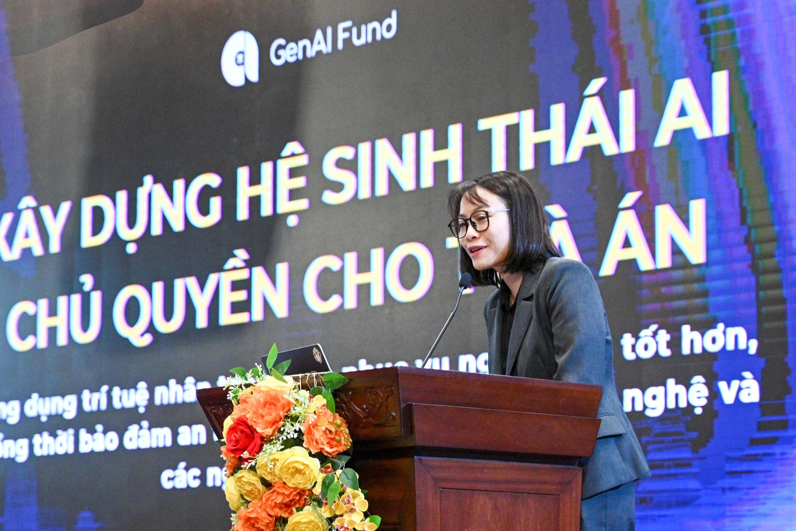 GenAI Fund speaker presenting 'Building a sovereign AI ecosystem for the courts' at the national judicial-sector AI training conference.