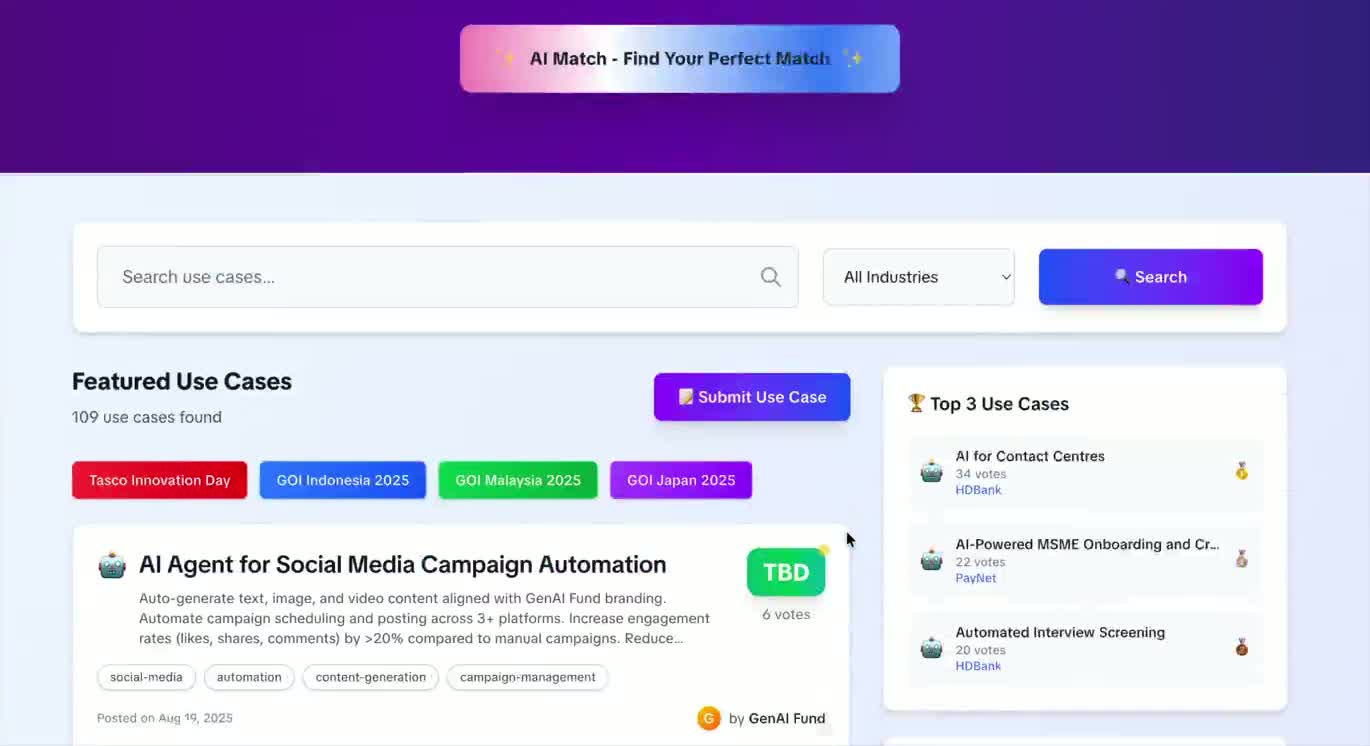 GenAI Fund Innovation Platform showing the challenge, sourcing and pilot-tracking workspace.