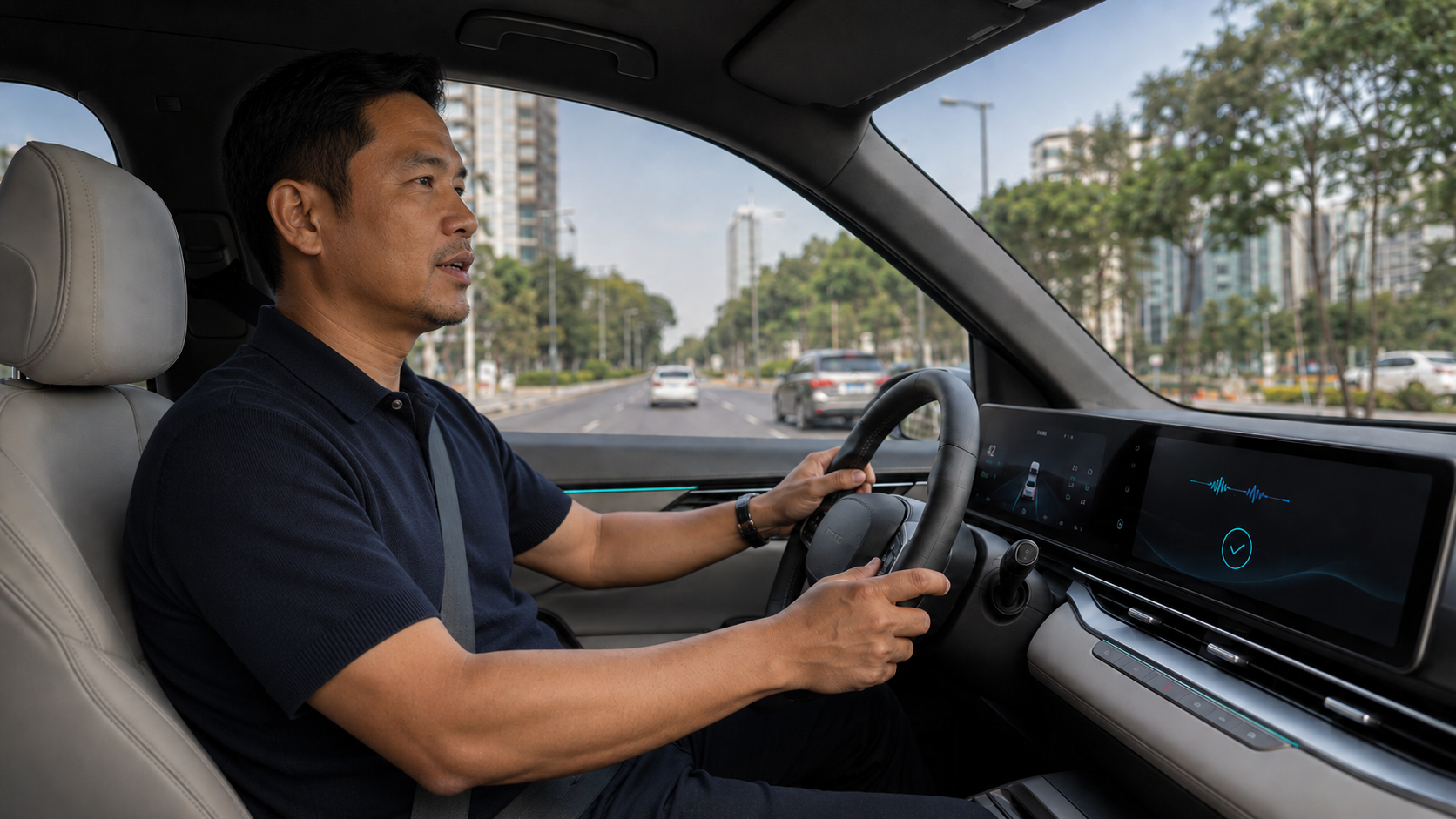 Illustrative image: a driver using an in-car Vietnamese voice AI assistant, with the voice waveform and confirmation shown on the vehicle's dashboard display.